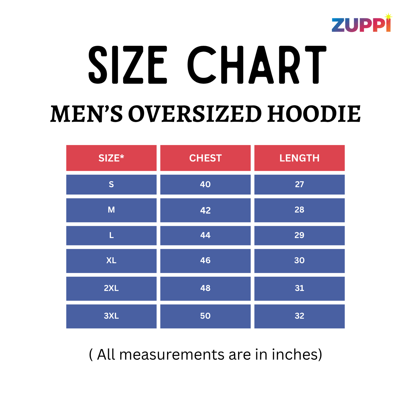 Size chart for men's oversized hoodie with Zuppi branding