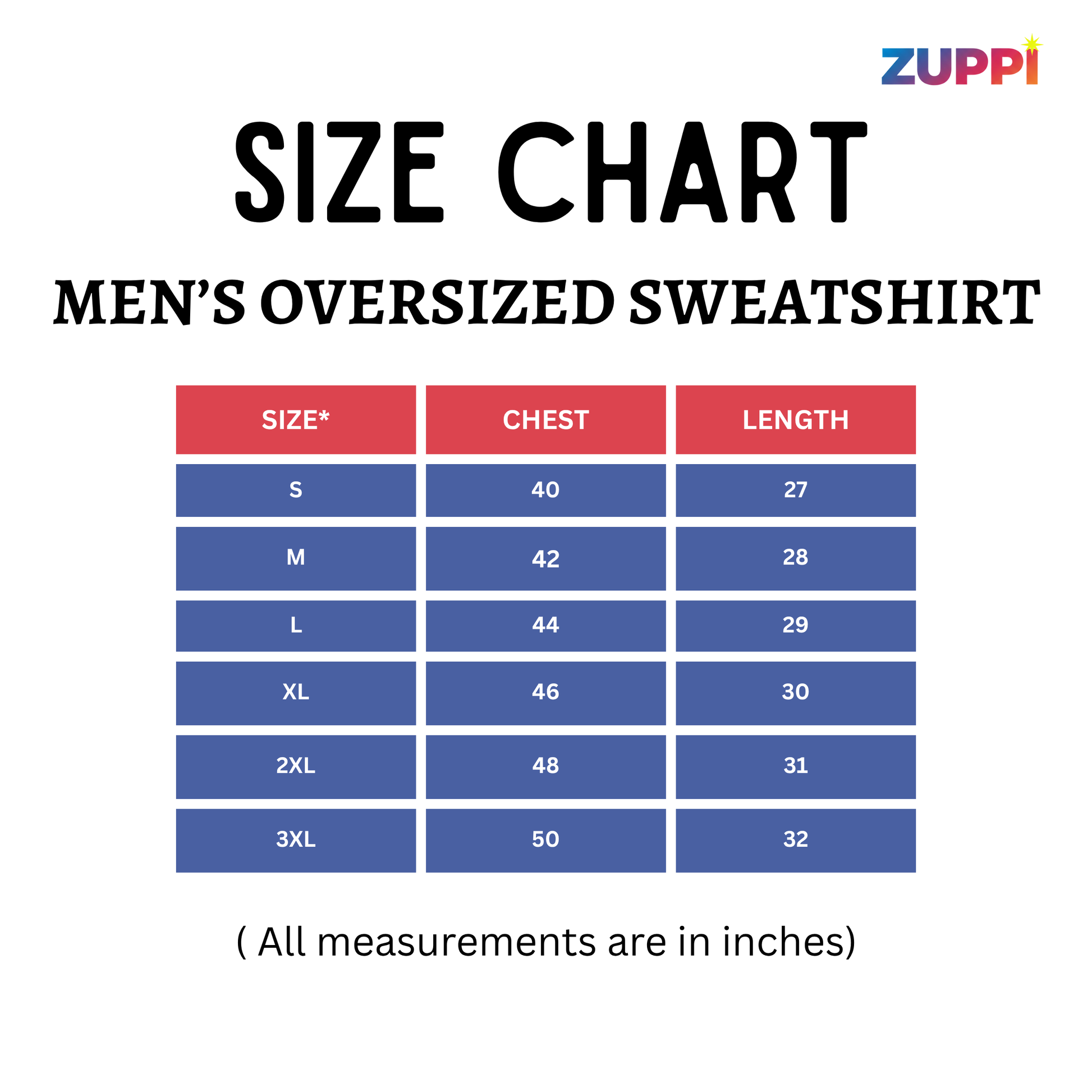 Size chart for men's oversized sweatshirt with Zuppi branding