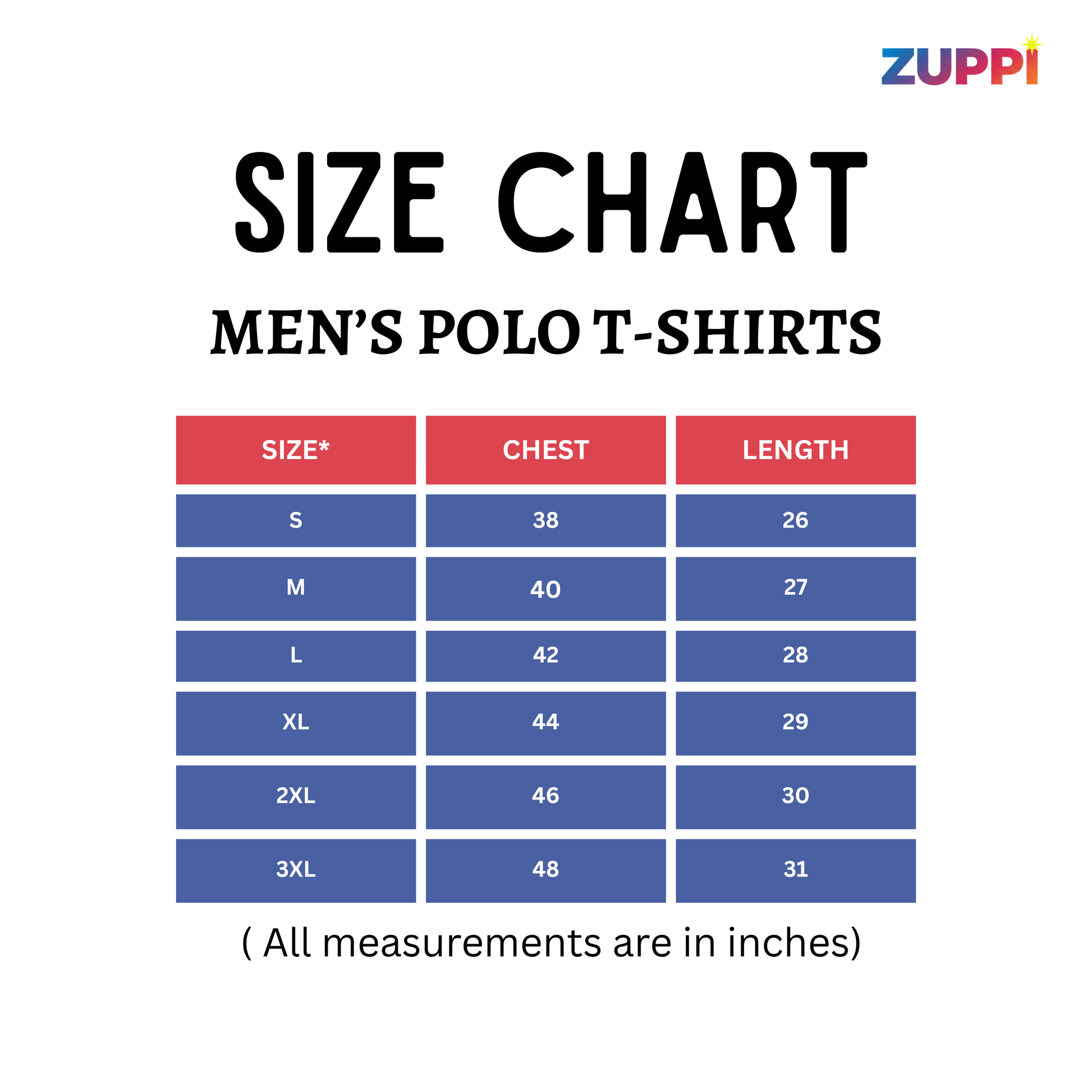 Size chart for men's polo t-shirts with Zuppi branding