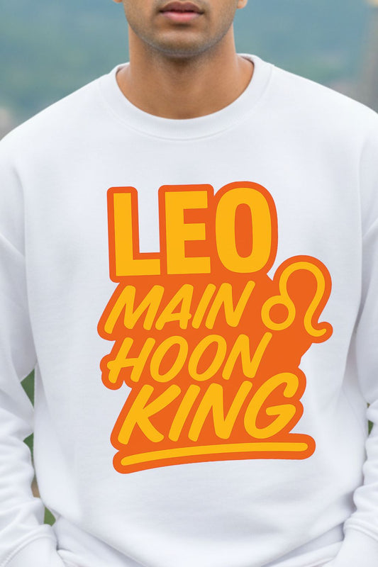close up of a man wearing a white oversized  sweatshirt with orange and yellow text design.