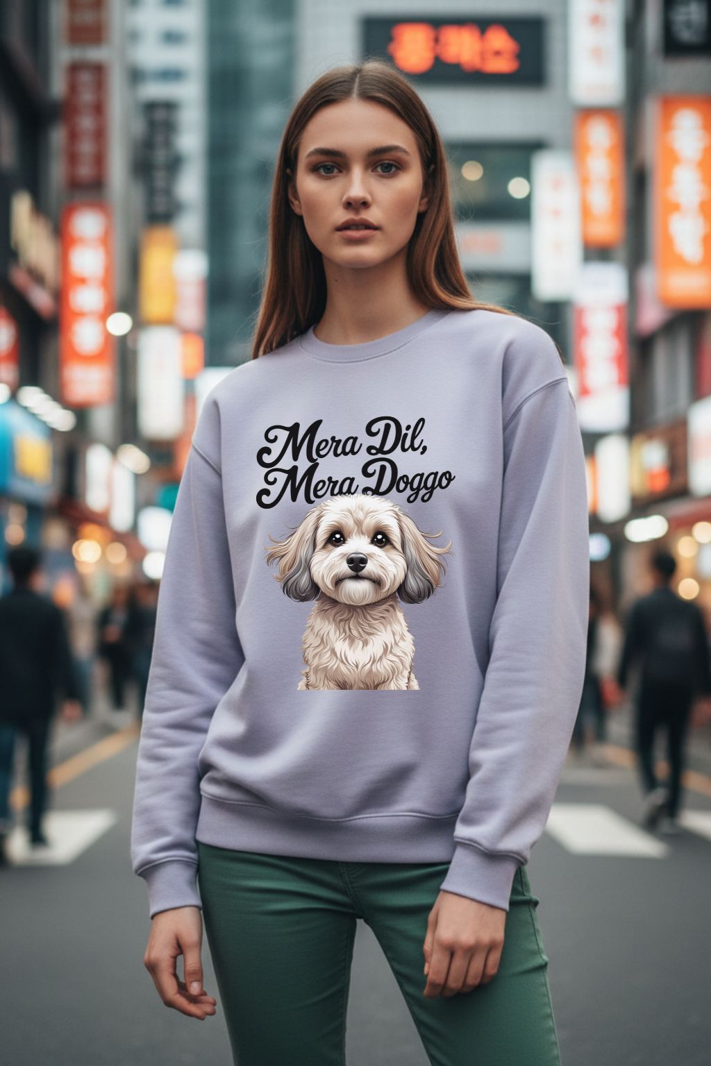 Woman wearing a lavendar oversized sweatshirt with a dog graphic and text in an urban setting