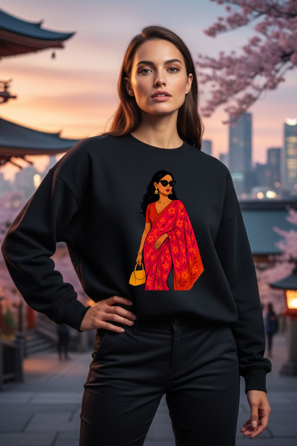 Woman wearing a black sweatshirt with a colorful graphic of a woman in a red dress against a cityscape background.