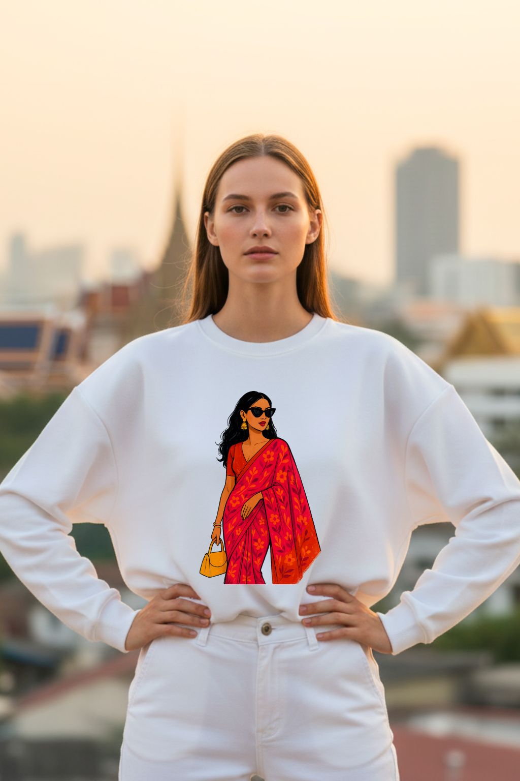 Woman wearing a white sweatshirt with a graphic of a woman in a red saree against a cityscape background.