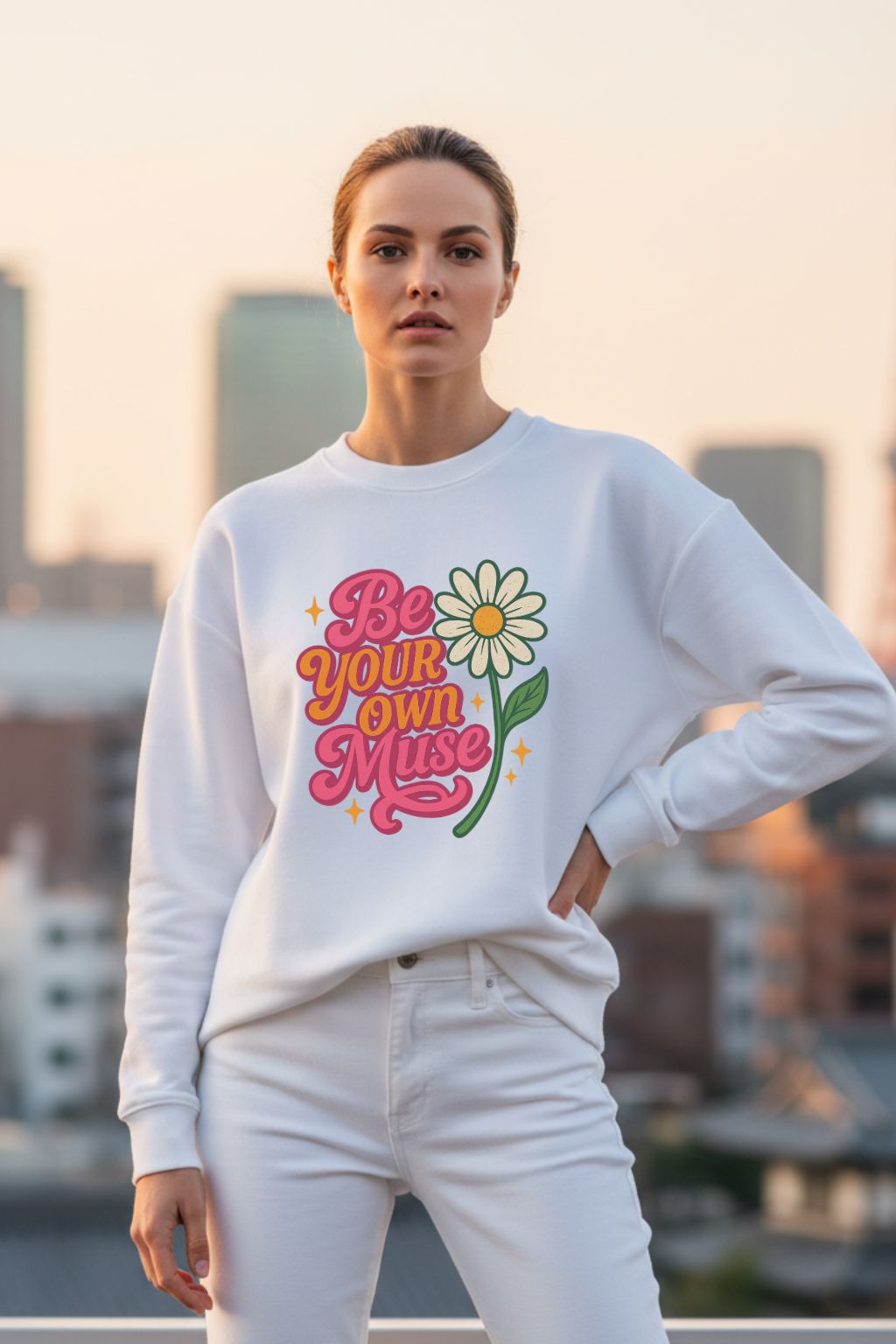 Woman wearing a white oversized sweatshirt with 'Be Your Own Muse' text and flower graphic, standing against an urban skyline.