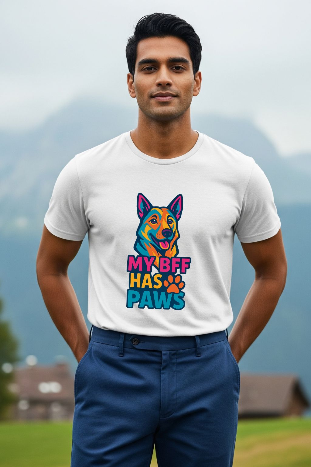 White t-shirt for men with a colorful and detailed graphic of a dog and the phrase 'My BFF has Paws'. Ideal for dog lovers.