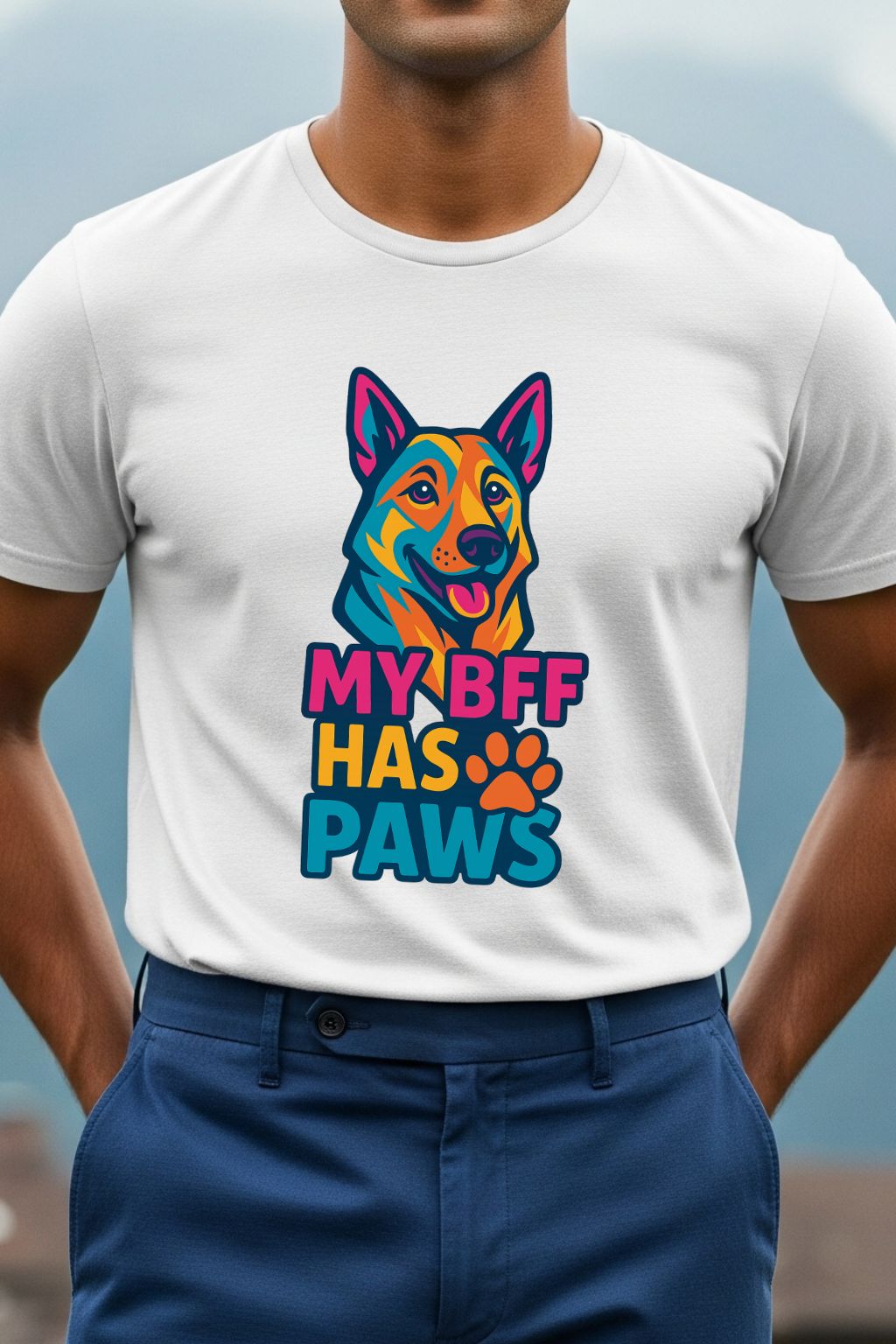 Close-up of the 'My BFF has Paws' graphic on a white t-shirt, highlighting the intricate, colorful illustration of a dog.