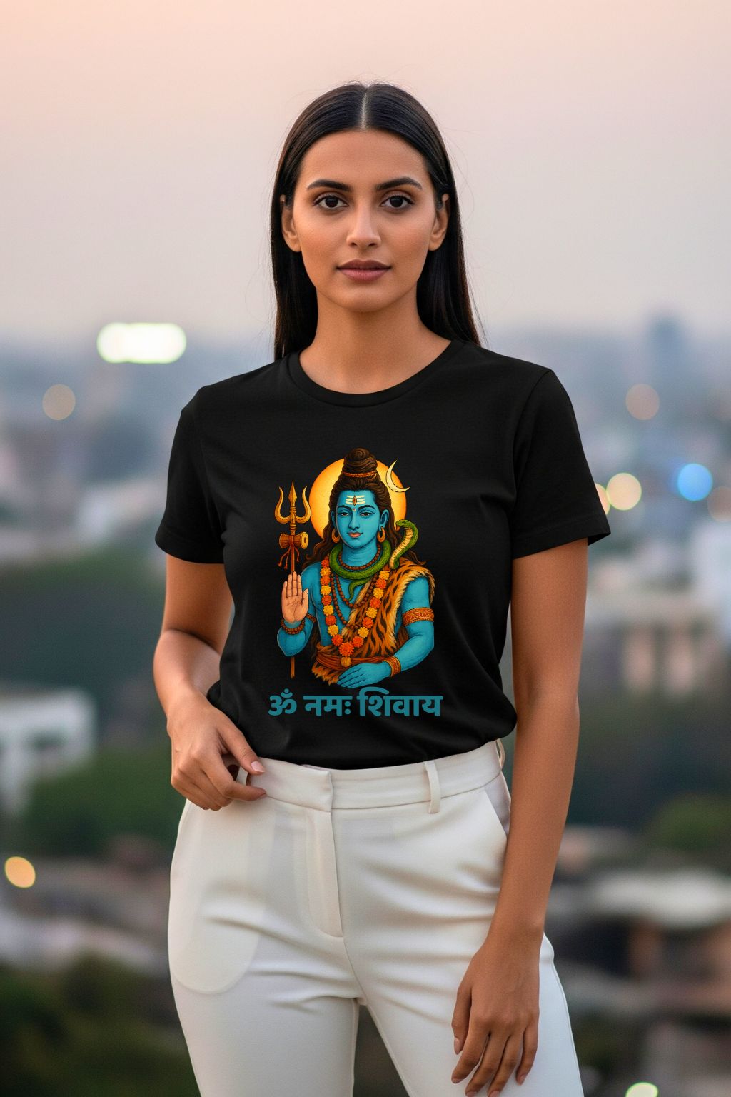 Woman wearing a black t-shirt with a colorful graphic design of Lord Shiva outdoors.