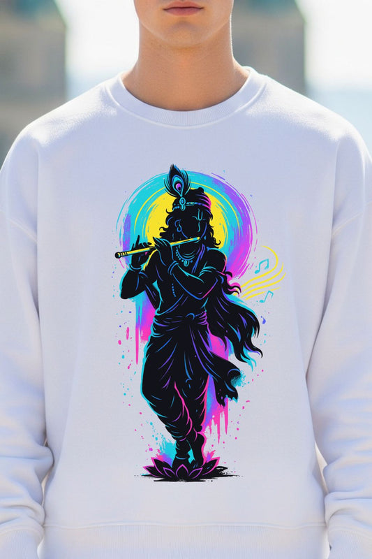 close up of a White oversized sweatshirt with a colorful graphic of a deity on a blurred outdoor background