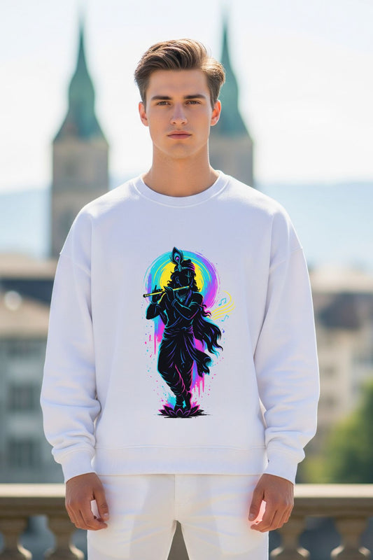 front view of a man wearing a white oversized sweatshirt with a colorful graphic design outdoors.