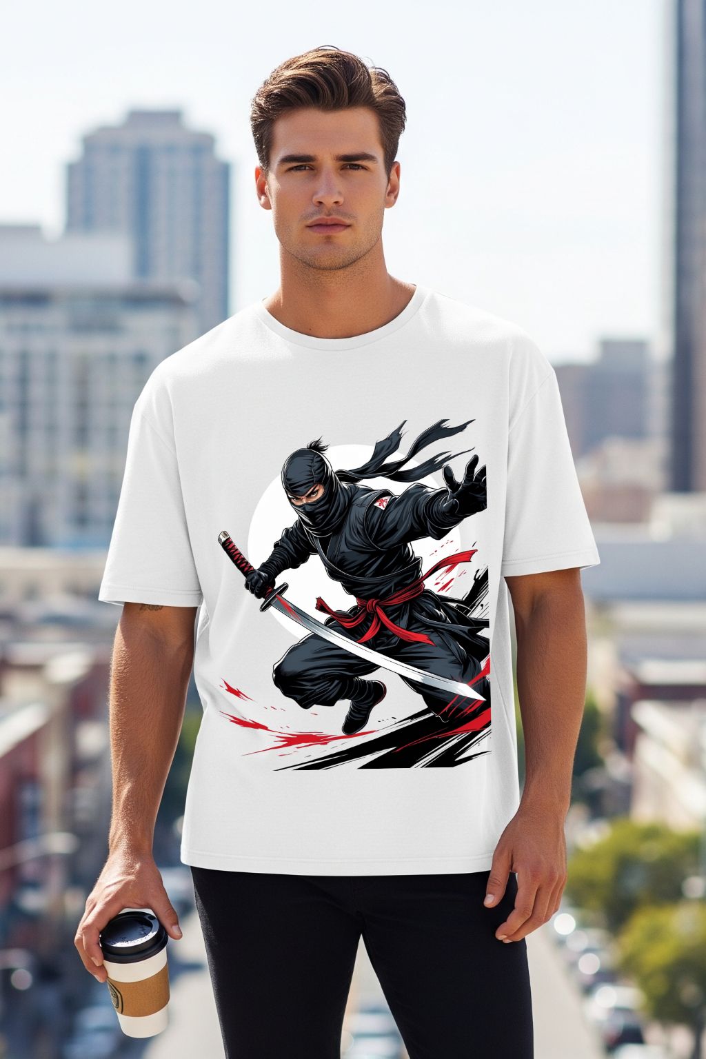 Man wearing a white t-shirt with a black and red graphic design of a ninja, standing in an urban setting.