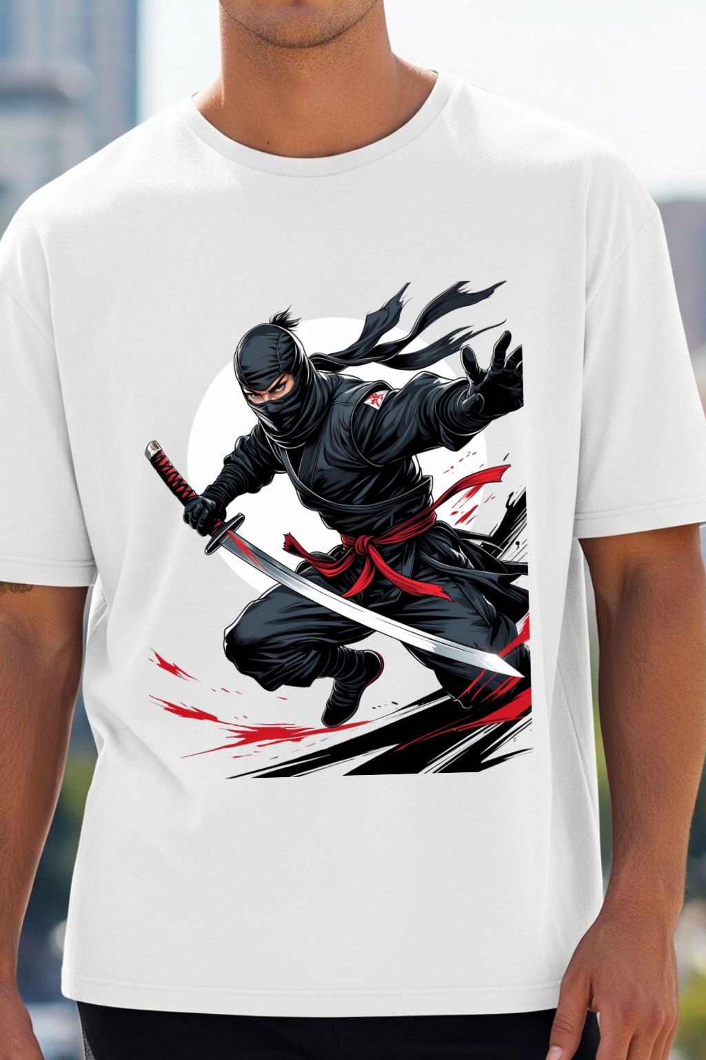 White t-shirt with a black and red ninja graphic design.