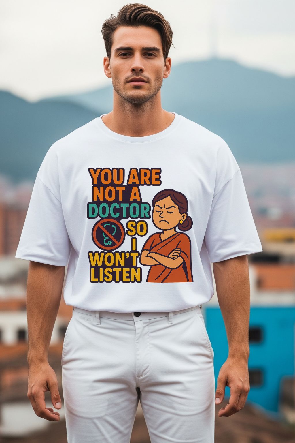 Man wearing a white t-shirt with a humorous graphic and text outdoors.