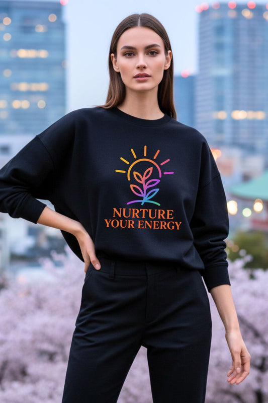 Woman wearing a black oversized sweatshirt with 'Nurture Your Energy' design against a cityscape background