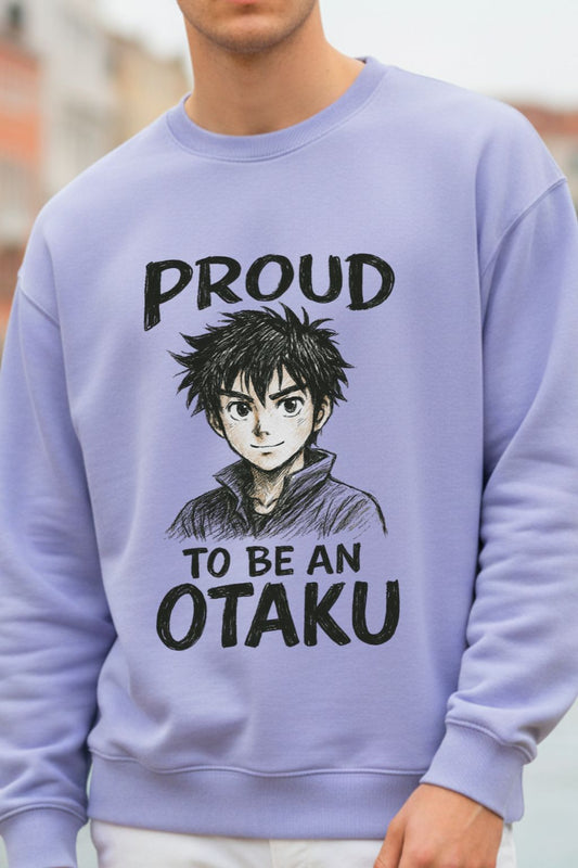 close up of a man wearing a lavendar oversized sweatshirt with an anime character and text 'Proud to be an Otaku'.