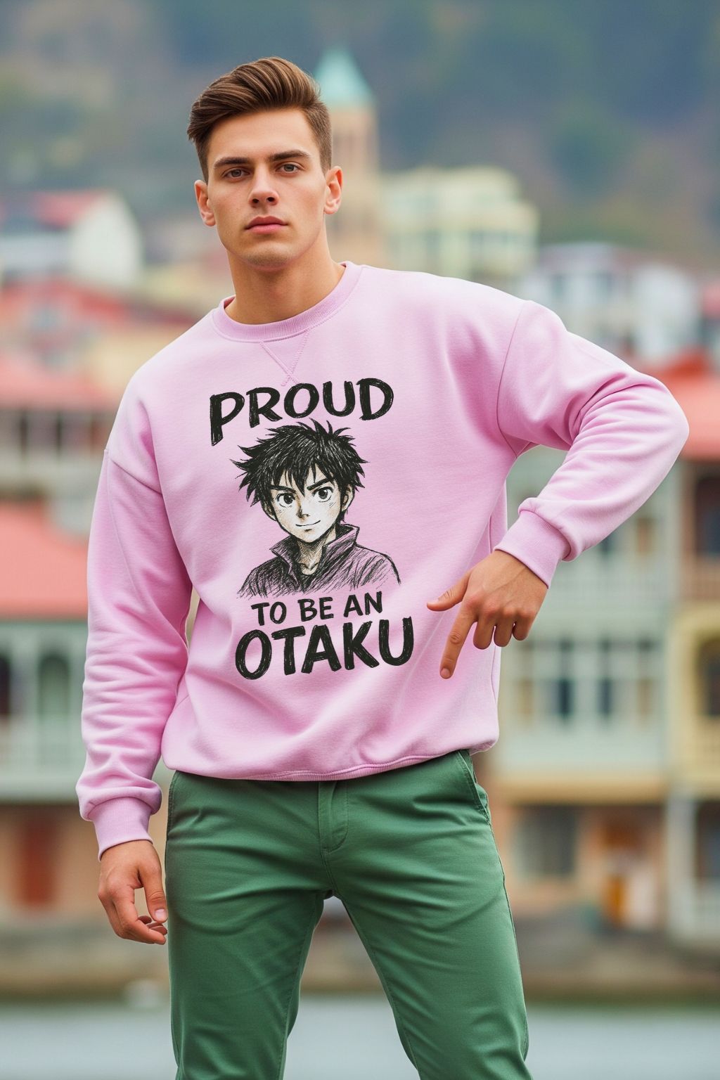 Man wearing a light baby pink oversized sweatshirt with 'Proud to be an Otaku' text and anime character, standing outdoors.