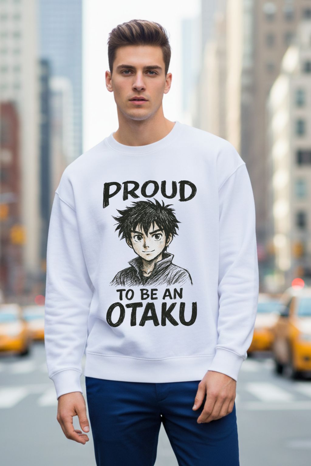 Man wearing a white oversized sweatshirt with an anime character and text in an urban setting