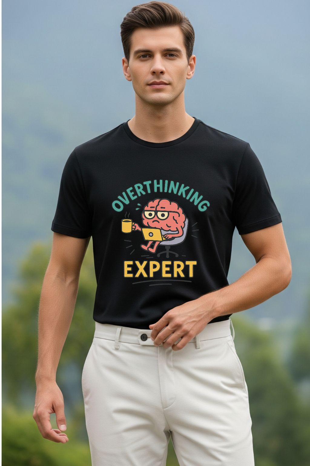 Black t-shirt for men with the phrase "Overthinking Expert" in a bold, quirky font, perfect for students or professionals with a witty sense of humor.
