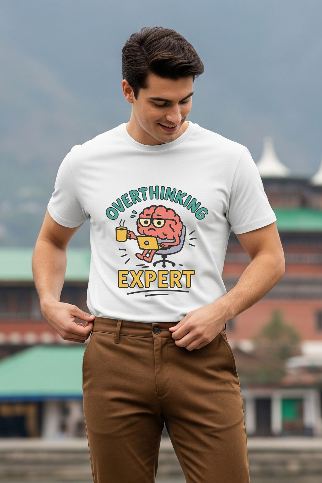 White t-shirt for men with the phrase "Overthinking Expert" in a bold, quirky font, ideal for a casual and humorous look.