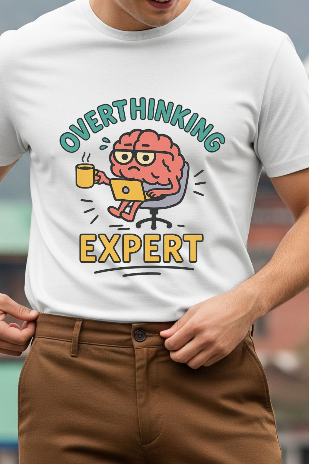 Close-up of the 'OVERTHINKING EXPERT' graphic on a white t-shirt, highlighting the brain illustration and witty typography.