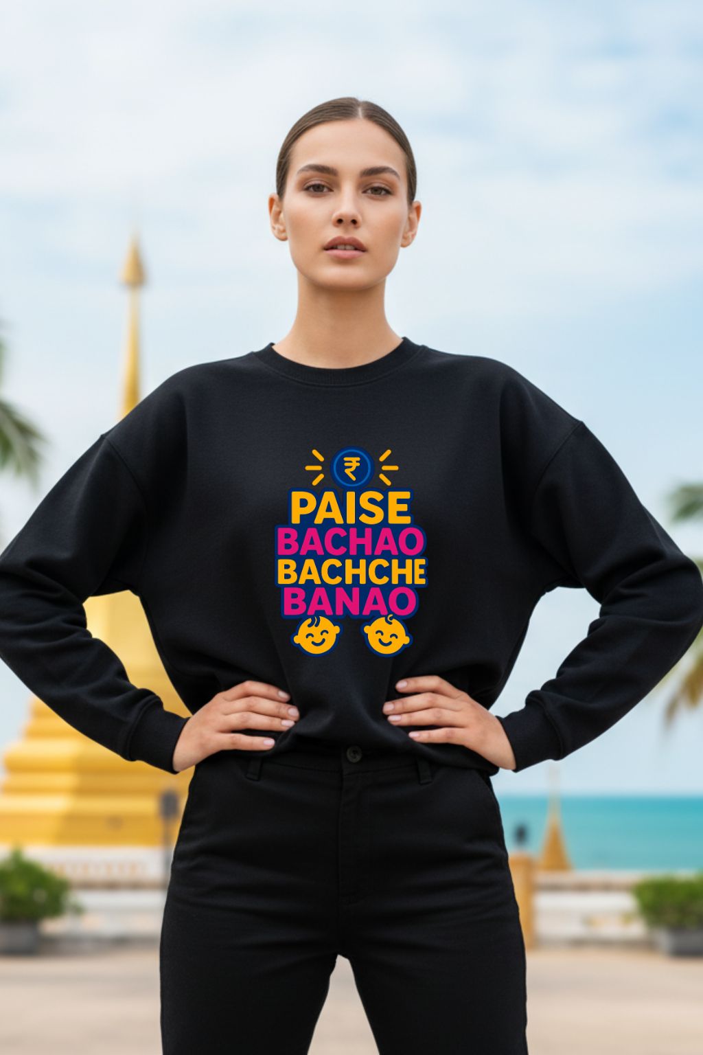 Woman wearing a black sweatshirt with colorful text and emojis in front of a blurred scenic background