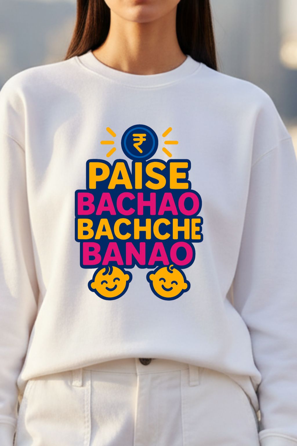 Woman wearing a white sweatshirt with colorful text and emojis.