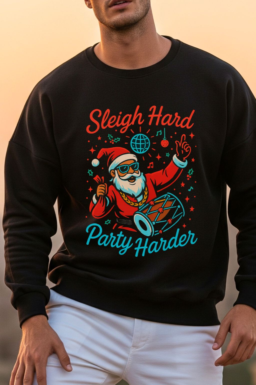 Black oversized sweatshirt with a festive design featuring Santa Claus and text 'Sleigh Hard Party Harder' on a neutral background.
