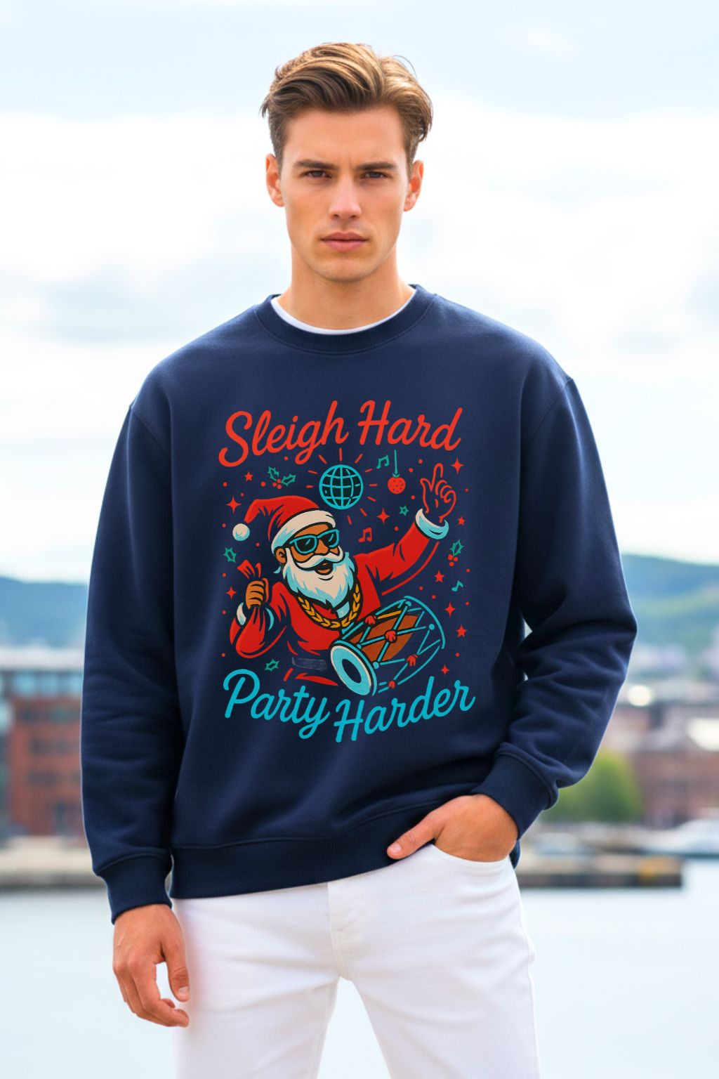 Man wearing a navy blue oversized sweatshirt with a festive design and text, standing outdoors.