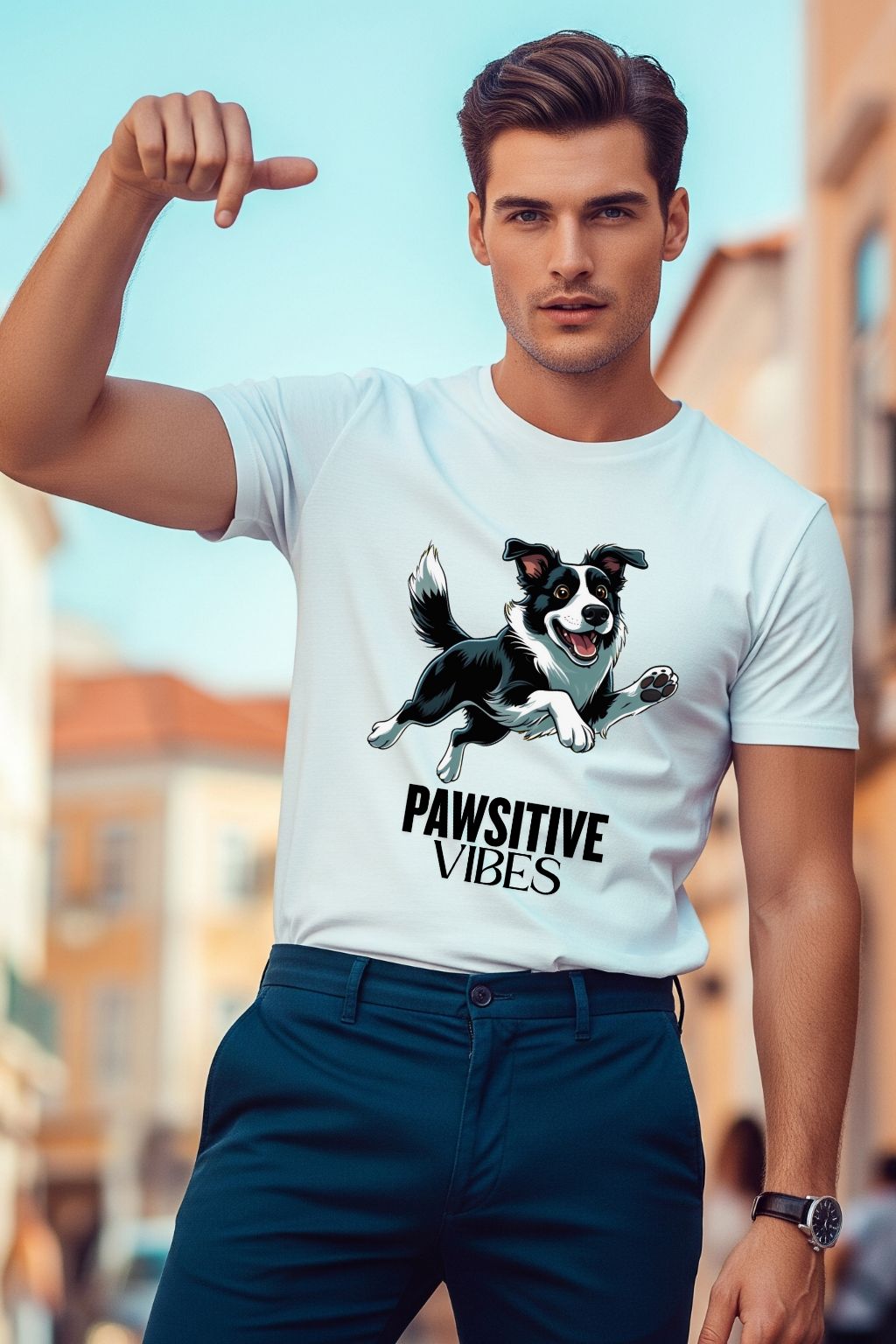 White t-shirt for men, featuring a fun dog graphic and the phrase "Pawsitive Vibes". A great gift for dog lovers.