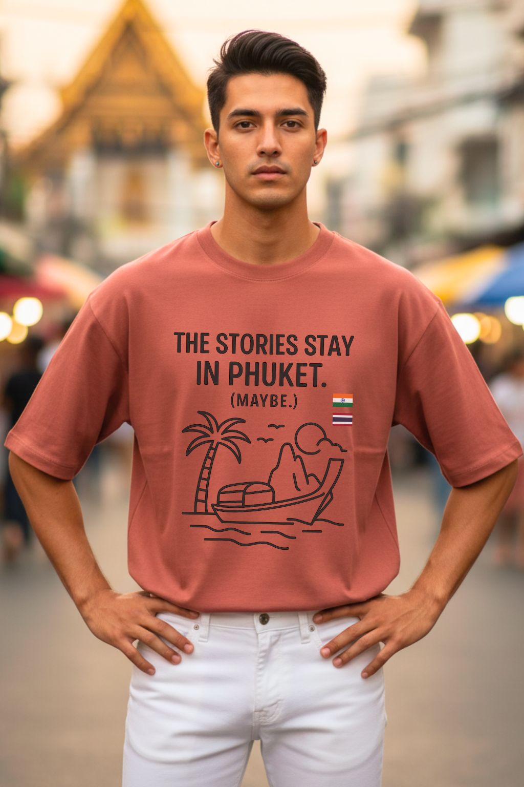 Man wearing a coral oversized t-shirt with a graphic and text in an outdoor setting