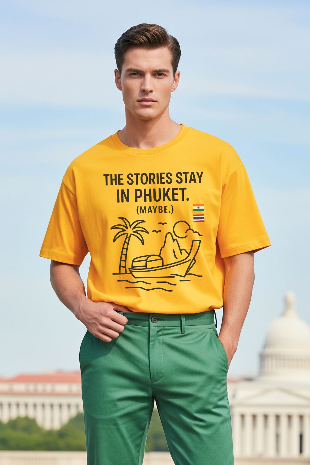 Man wearing a golden yellow oversized t-shirt with text and graphics, standing outdoors.