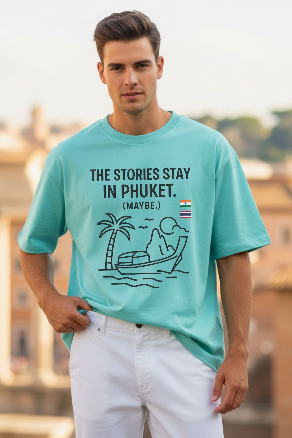 Oversized Man wearing a teal t-shirt with a graphic and text, standing outdoors.