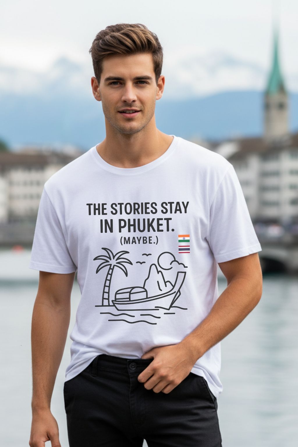Man wearing a white oversized t-shirt with a graphic and text in front of a scenic background