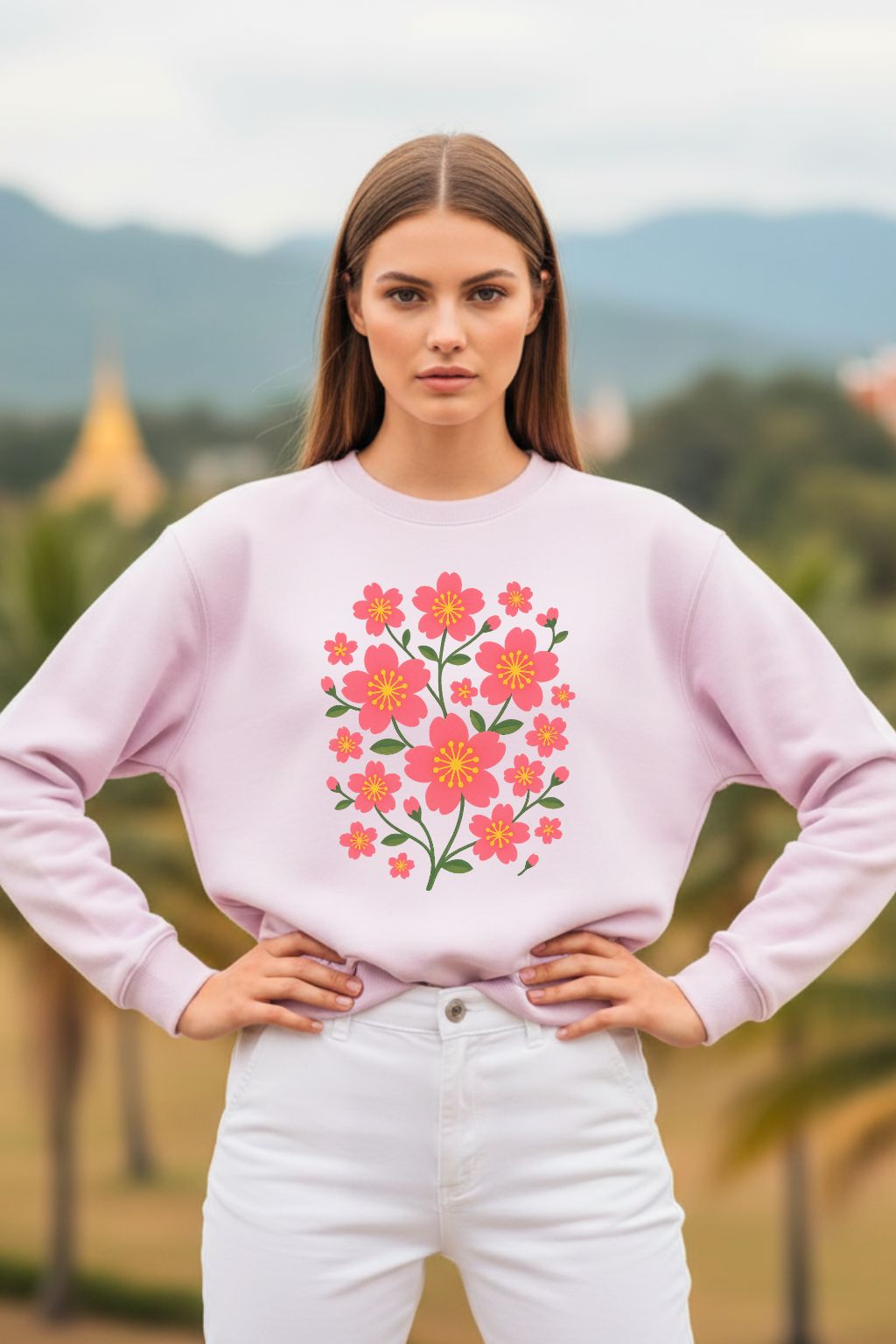 Woman wearing a light pink oversized sweatshirt with a floral design outdoors.