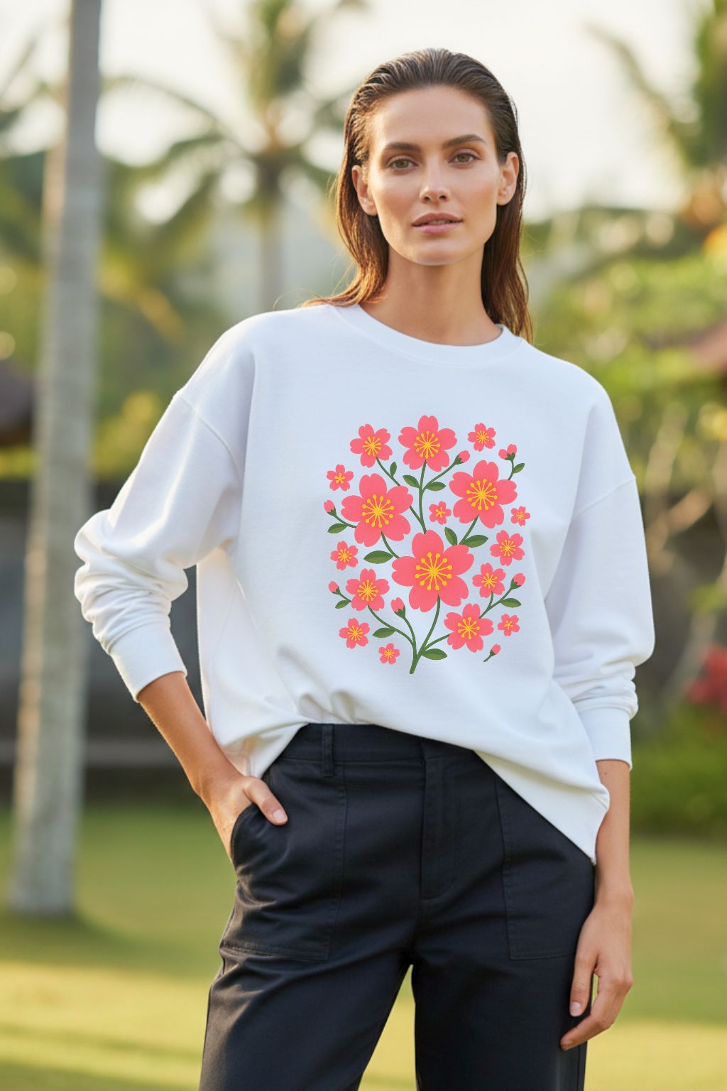 Woman wearing a white oversized sweatshirt with a floral design outdoors