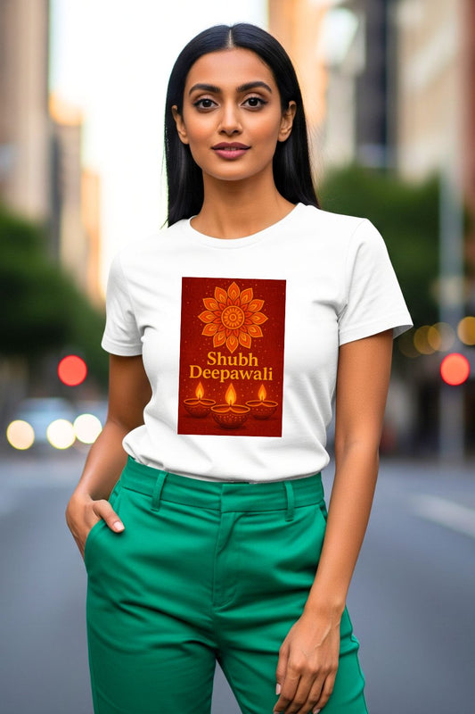 Model wearing a white unisex t-shirt featuring a unique gold Diwali mandala art print and the text "Shubh Deepawali," perfect for festive occasions.