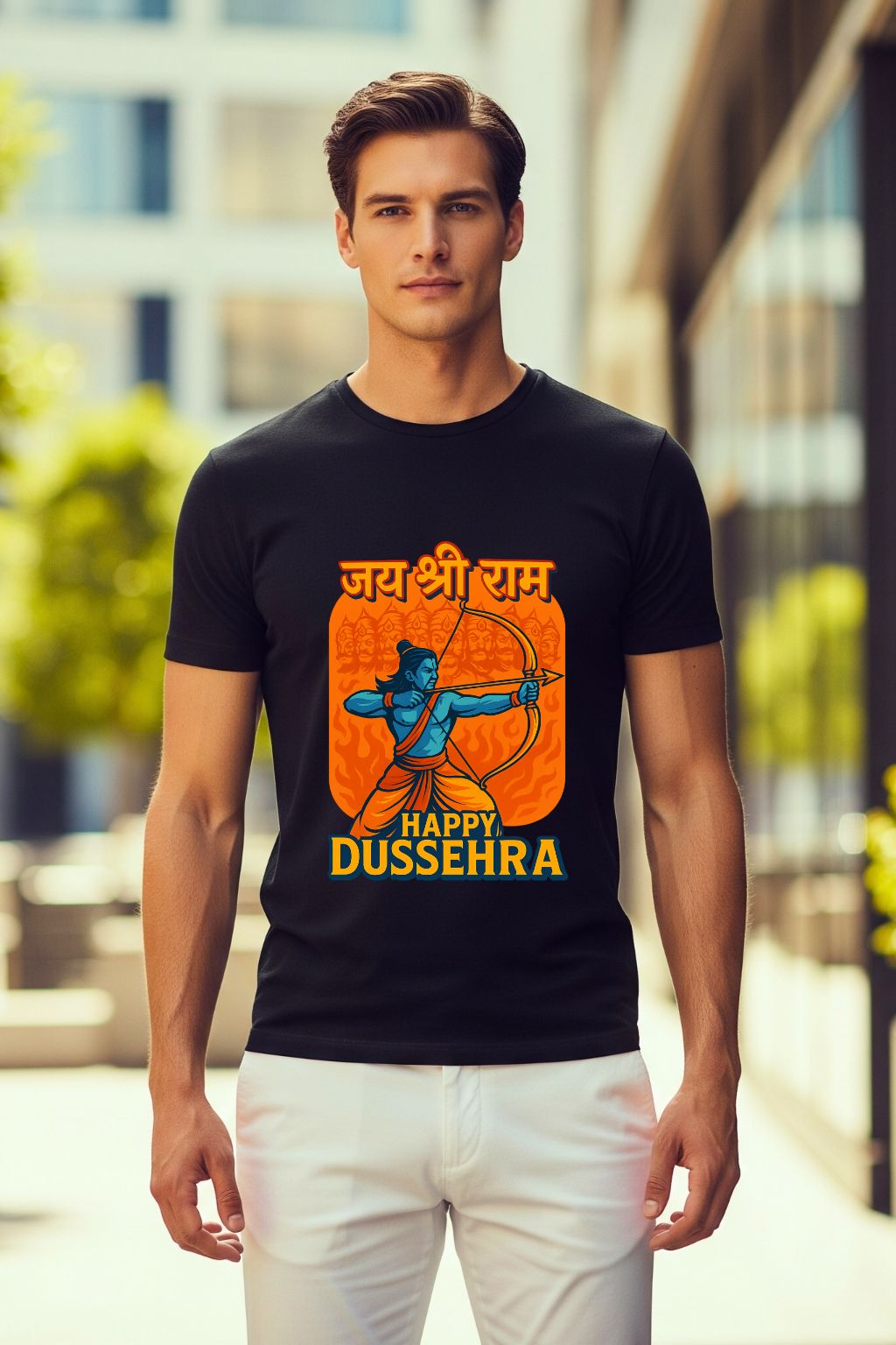Black t-shirt for men, featuring a powerful graphic of Lord Rama and "Happy Dussehra" text. Ideal festive wear for celebrating the victory of good over evil.