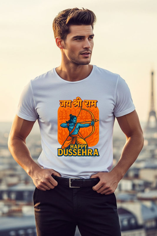 White t-shirt for men, featuring a powerful graphic of Lord Rama and "Happy Dussehra" text. Ideal festive wear for celebrating the victory of good over evil.