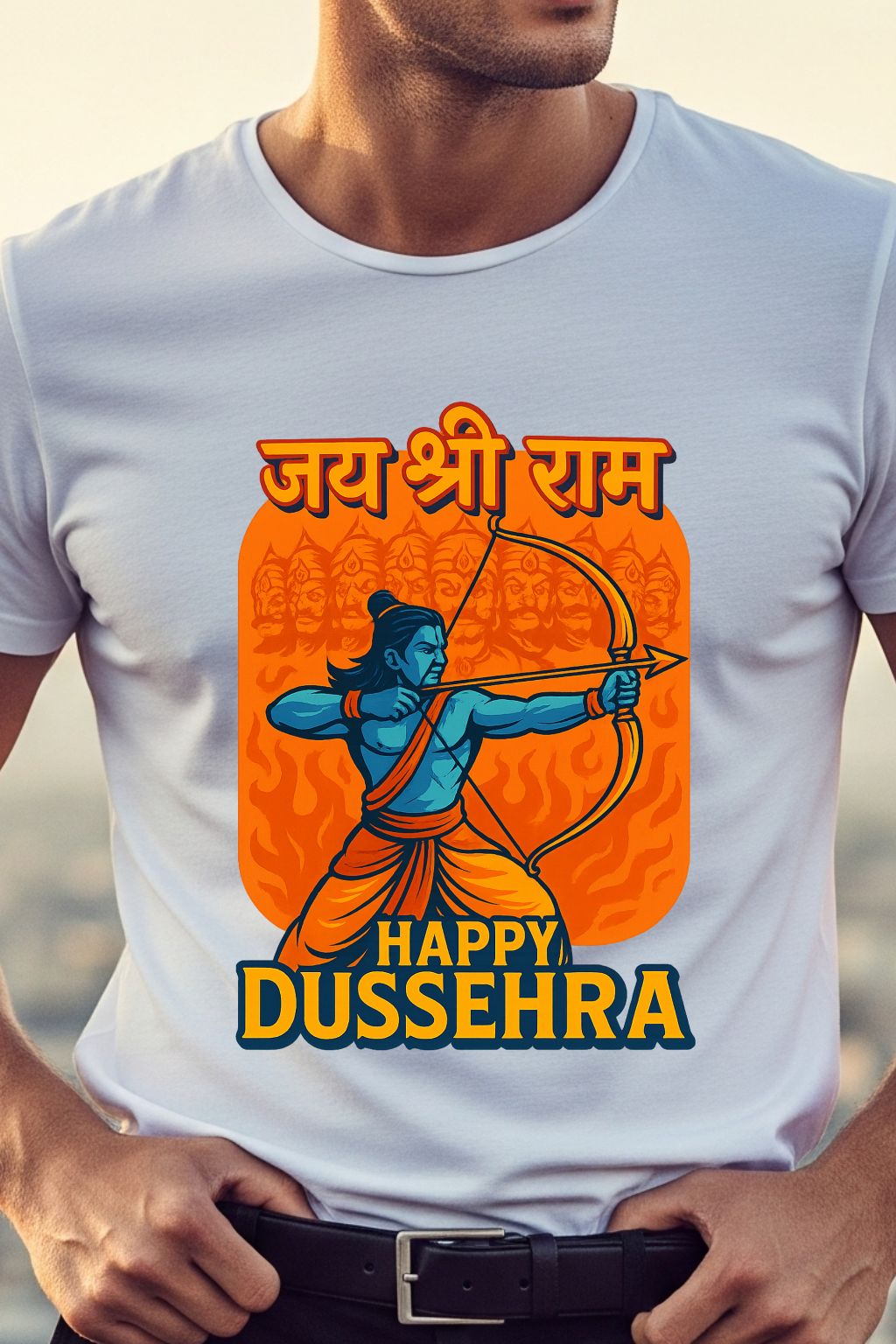 Close-up of the 'Happy Dussehra' graphic on a white t-shirt, showcasing the vibrant and detailed illustration of Lord Rama with his bow and arrow.