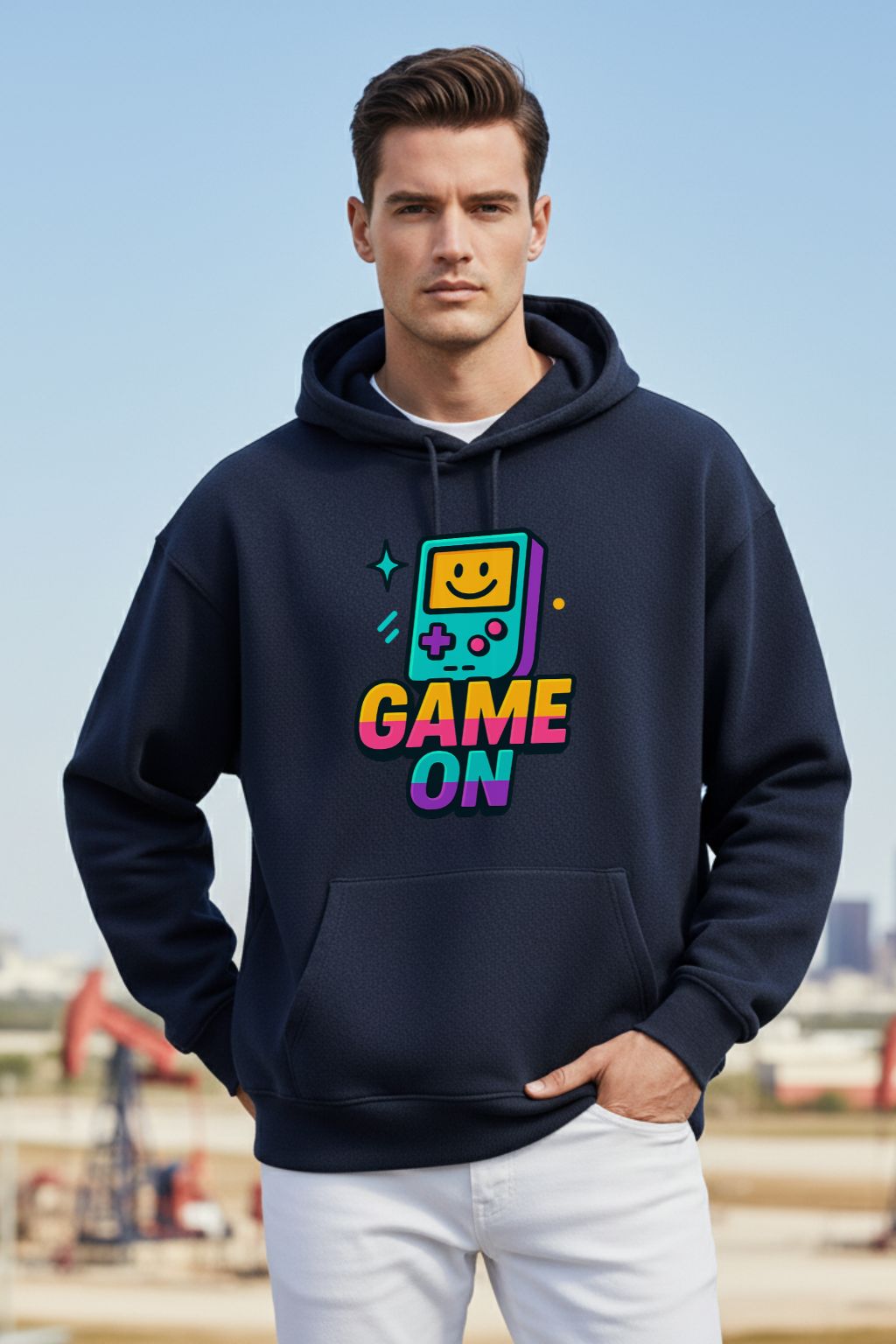 Man wearing a navy blue oversized hoodie with 'Game On' graphic against a blurred outdoor background