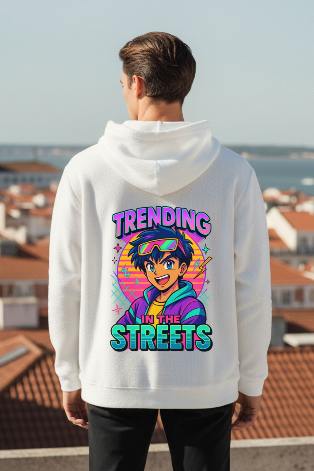 back view of a man wearing a white oversized hoodie with a colorful graphic and text on the back, standing on a rooftop with a cityscape view.