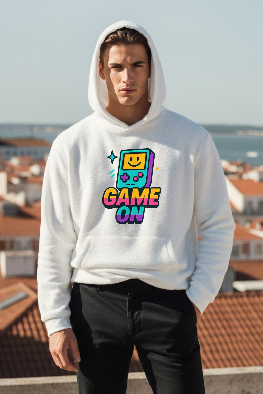 Man wearing a white oversized hoodie with a colorful 'Game On' design outdoors.