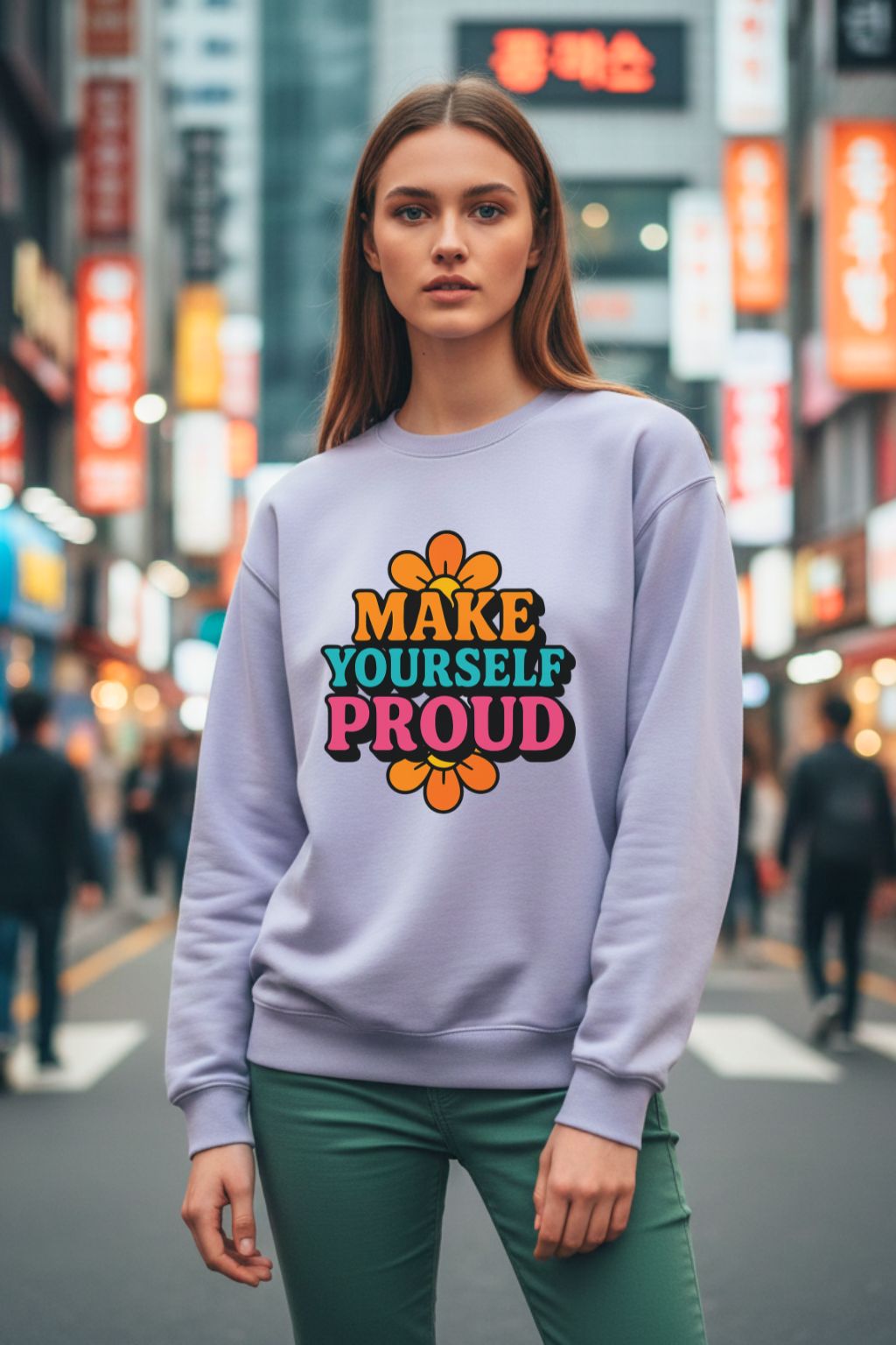 Woman wearing a lavendar oversized sweatshirt with 'MAKE YOURSELF PROUD' text in an urban setting