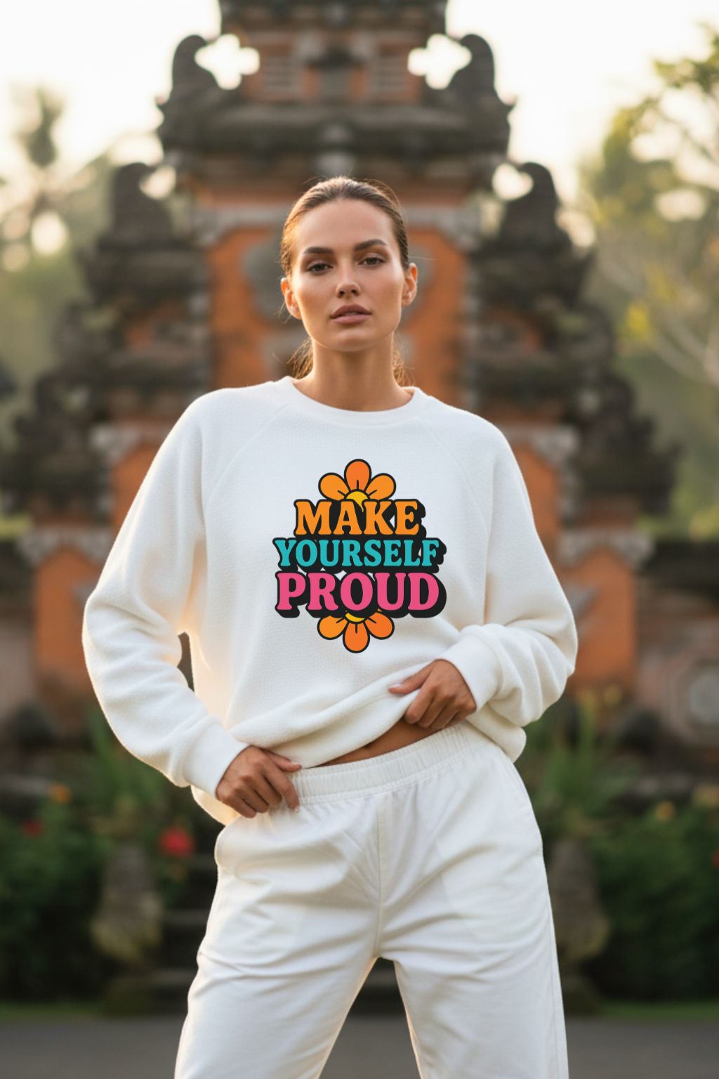 Woman wearing a white oversized sweatshirt with 'MAKE YOURSELF PROUD' text in front of a traditional architectural background.