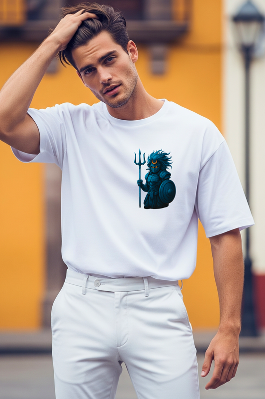 Man wearing a white t-shirt with a blue graphic design outdoors.