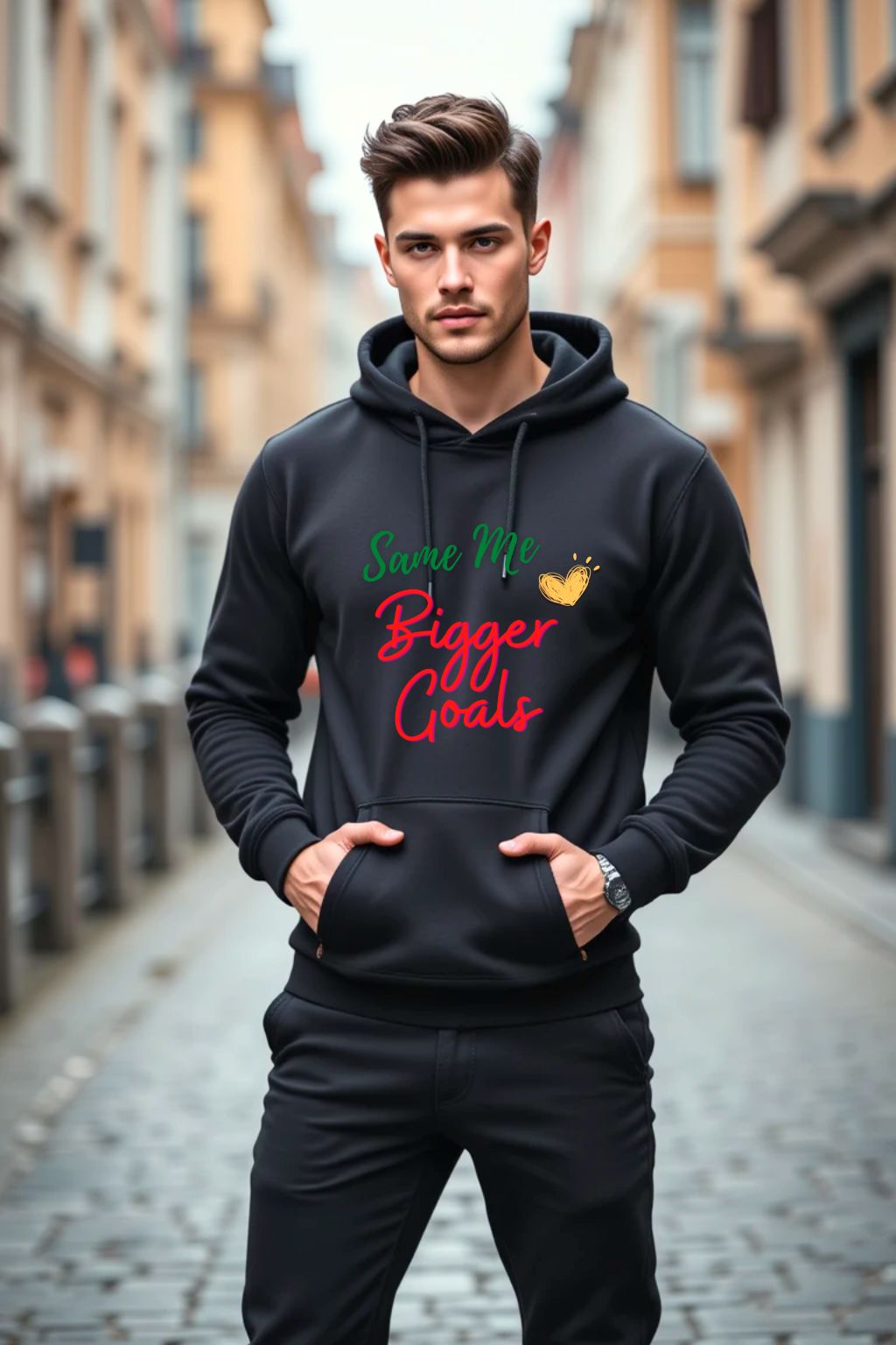 A man wears a black graphic hoodie with the text "Same Me, Bigger Goals" on a city street, representing a motivational and stylish apparel item from ZUPPI