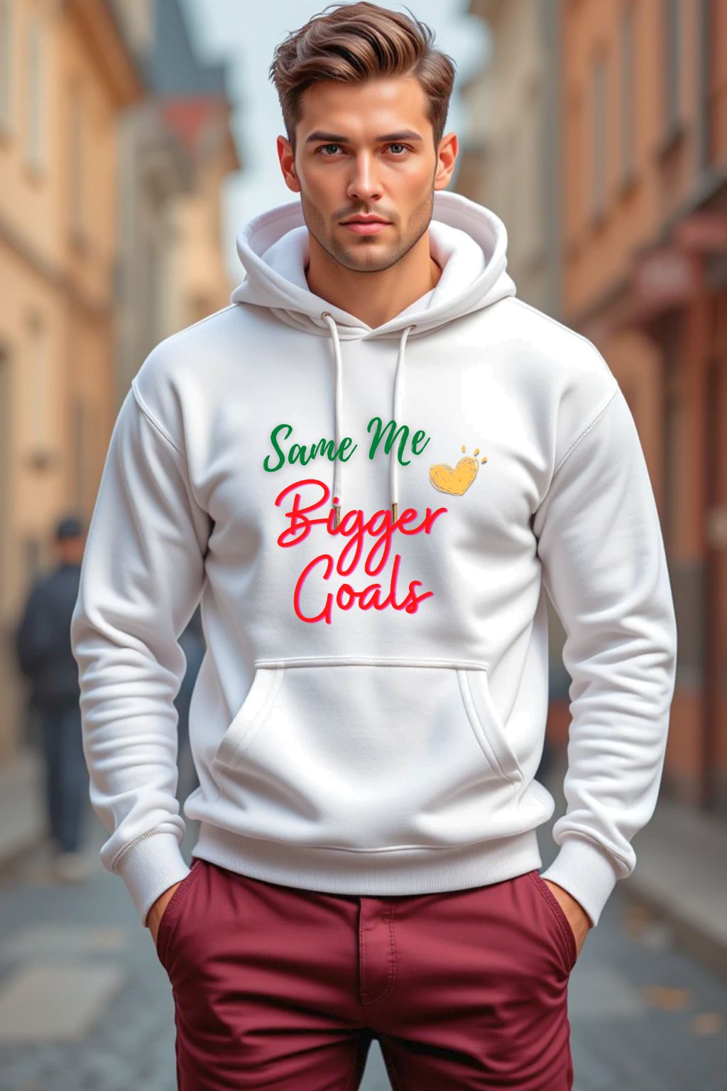 A man wears a white graphic hoodie with the text "Same Me, Bigger Goals" on a city street, showcasing a motivational and stylish apparel design for ZUPPI