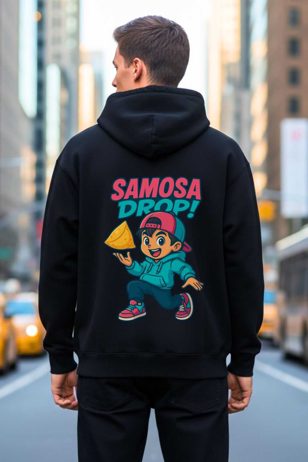 Close up of a man wearing a black hoodie with 'Samosa Drop!' graphic in an urban setting