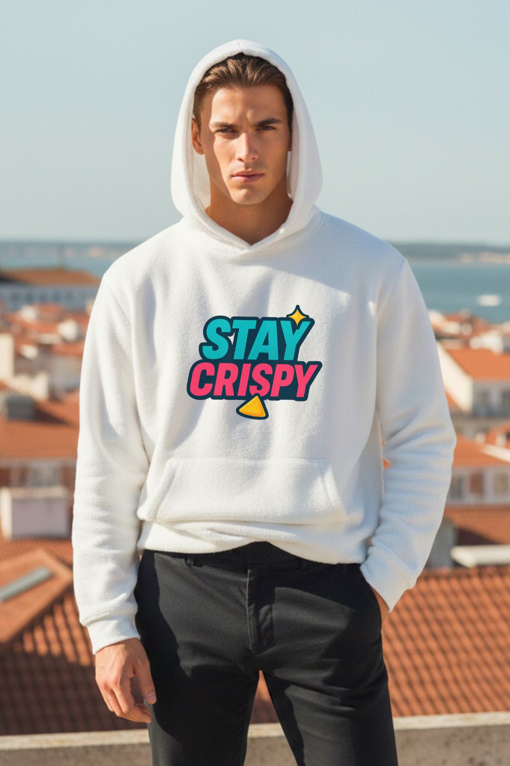 Man wearing a white hoodie with 'Stay Crispy' text on a rooftop background