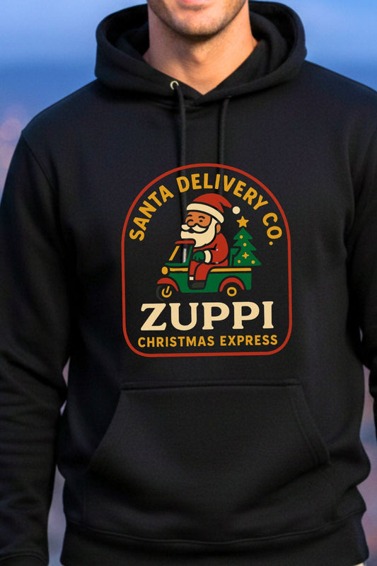 Close up of a Black hoodie with Santa Delivery Co Zuppi Christmas Express logo
