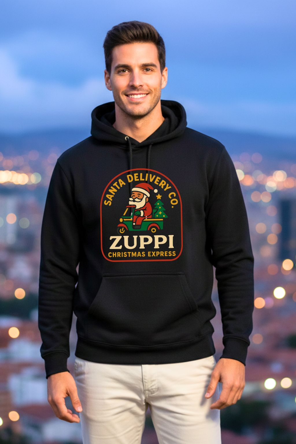 Man wearing a black hoodie with 'Zuppi' logo against a cityscape background